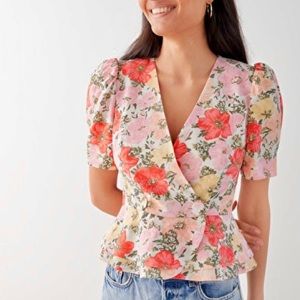 Nwt “& Other Storie” Linen-Tencel Puffed Sleeve Peplum Top